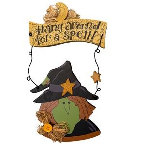 Halloween Decor Witch Sign Hang Around For a Spell‎ Wooden Moon Star Handmade